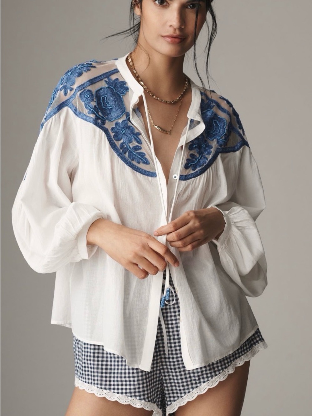 Anthropologie White Blouse with Blue Floral Embroidered Yoke